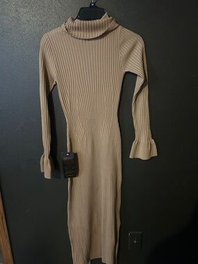 BEBE Bell Sleeve Turtleneck Midi Dress Camel